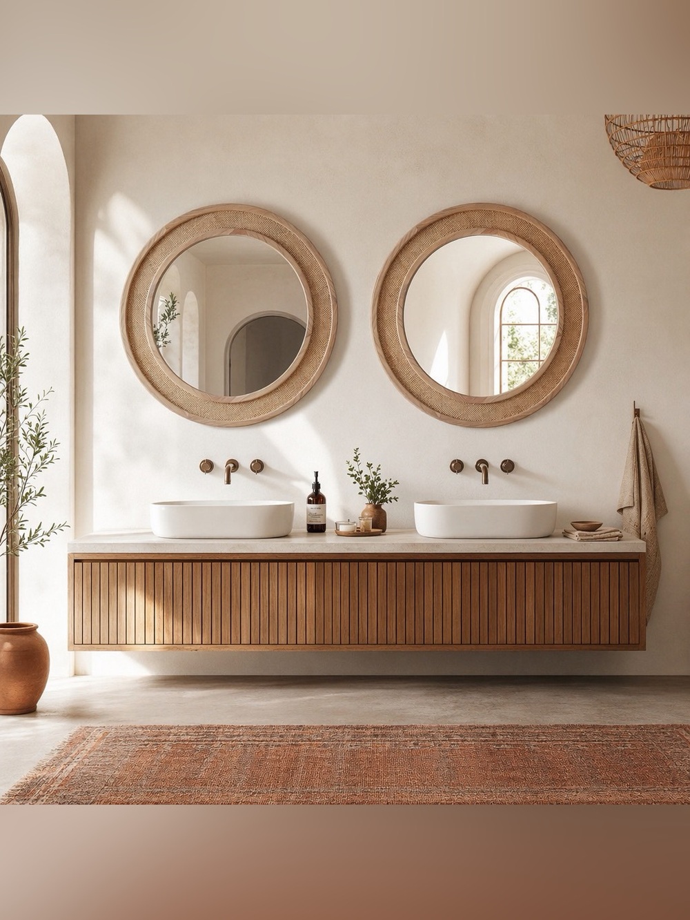 NEW West Elm Large Round Mirror Wicker Rattan Boho Wall Hanging Decor - 24” Diam - Picture 4 of 14